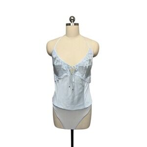 Free People Intimately Bodysuit Womens Large‎ Ice Blue Halter Lace Mesh Thong